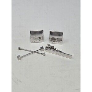 VINTAGE SWANK SILVER TONE SQUARE CUFFLINKS TIE BAR BARBELL COLLAR STAY CLIP MEN